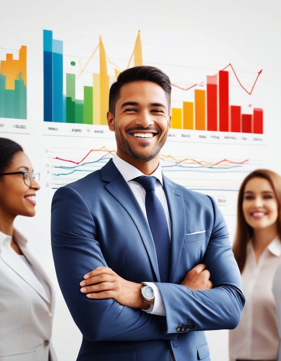 A confident business person smiling warmly while standing in front of a graph showing upward growth, surrounded by diverse professionals engaged in discussions, symbolizing collaboration. Incorporate elements like a bright office setting and motivational quotes on the walls. Use colors that evoke positivity and warmth. super-realistic. vibrant colors. white background.