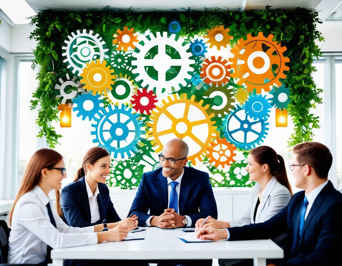 A dynamic corporate landscape with diverse professionals collaborating and brainstorming, surrounded by visual metaphors of strategy and happiness such as gears, light bulbs, and smiling faces. The setting should include modern office space with greenery, reflecting a positive atmosphere. Bright colors to symbolize energy and innovation. super-realistic. vibrant colors. white background.