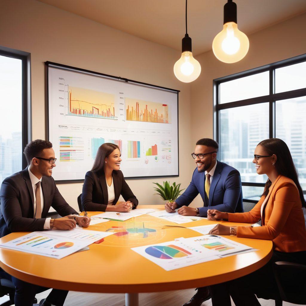 A vibrant office setting with a diverse group of professionals collaborating around a sleek table, showcasing brainstorming sessions with charts and graphs. In the background, a glowing light bulb symbolizes innovative ideas and joyful success. Use bright and uplifting colors to convey energy and positivity. super-realistic. vibrant colors. bright background.